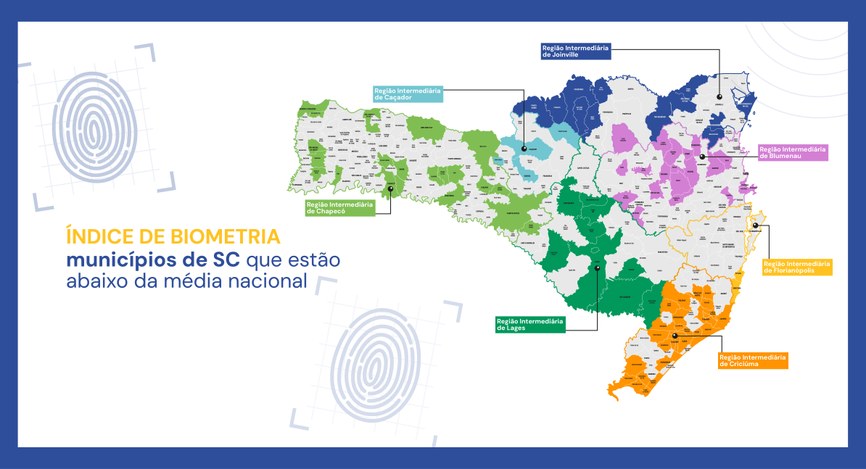 Mapa de Santa Catarina mostra os 95 municípios que estão com o índice de biometria abaixo no nac...