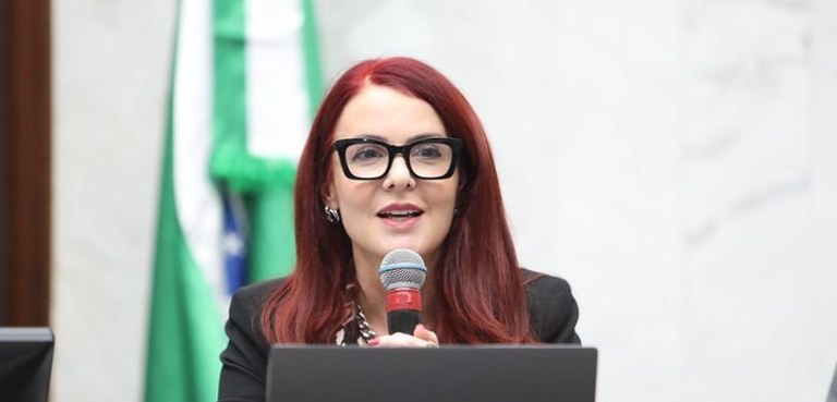 Justiça Eleitoral do Paraná participa de evento pelos 30 anos do Copedh na Alep Fotografia da desembargadora Flavia Viana, uma mulher branca, de cabelos longos e ruivos, que us...