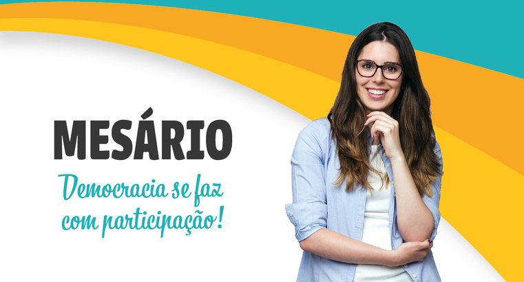 TRE-SC Imprensa Portal do Mesário 2020 Imagem de uma mulher de óculos com a frase "Mesário, democracia se faz com participação"