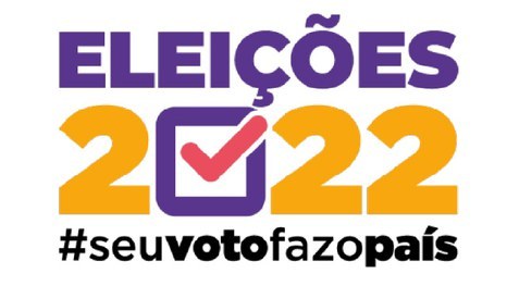 Cartaz com fundo branco com os dizeres "Eleições 2022" nas cores roxo e amarela, e os dizeres "#...