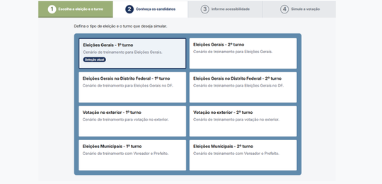 Imagem que retrata uma tela de interface digital de um simulador de votação. Na parte superior, ...