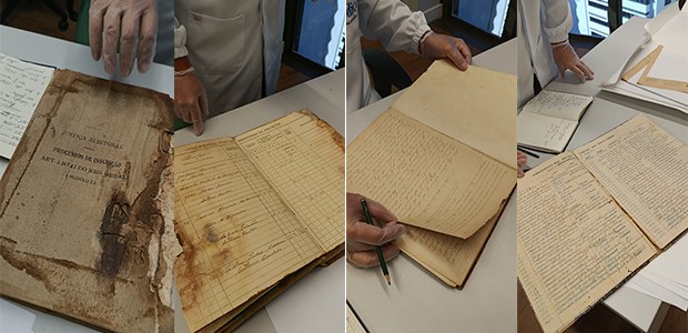 Imagens de livros de registro eleitoral do século XIX em estado de decomposição.