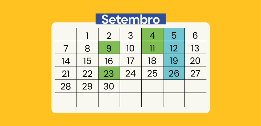 Calendário de setembro com as sessões plenárias em destaque