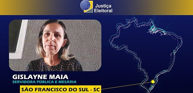 TRE-SC - mesária voluntária eleições Foto da mesária voluntária Gislayne de São Francisco do Sul composta com arte do mapa