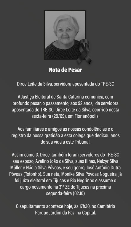 Nota de pesar: Dirce Leite da Silva, servidora aposentada do TRE-SC