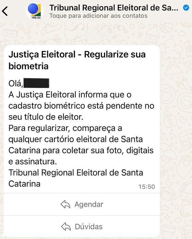 TRE-SC-Nova-mensagem-whatsapp Justiça Eleitoral de SC modifica mensagem de alerta sobre falta de biometria enviada ao eleitora...