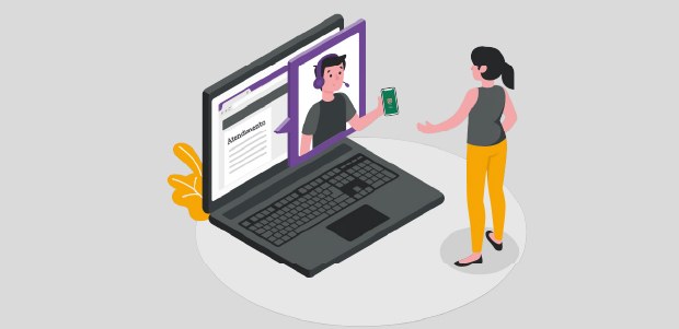 Imagem ilustra notebook do qual sobressai uma janela com a imagem de um homem prestando atendime...