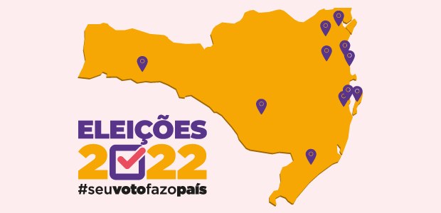 TRE-SC-voto-em-trânsito-2022 Mapa de Santa Catarina com a marcação das cidades onde haverá a possibilidade de votar em trânsi...